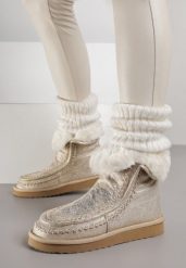 Złote Wsuwane Śniegowce z Futerkiem i Metalicznym Połyskiem Vetirena. Żółte śniegowce i trapery damskie Born2be, z dzianiny. Za 159.99 zł.