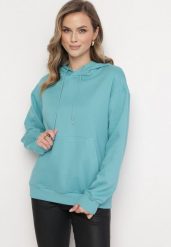 Niebieska Bluza Kangurka z Kapturem i Szeroką Kieszenią Rihea. Niebieskie bluzy damskie Born2be, bez wzorów, z kapturem. Za 74.99 zł.