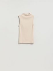 Bluzka z modalem - beżowy. Brązowe bluzki damskie Reserved, l, bez wzorów, z bawełny, bez kołnierzyka, bez ramiączek. Za 49.99 zł.