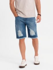 Męskie krótkie spodenki jeansowe z przetarciami i dziurami – niebieskie V3 OM-SRDS-0157 - XXL. Niebieskie szorty męskie Ombre Clothing, na lato, l, z aplikacjami, z bawełny, klasyczne. W wyprzedaży za 89.99 zł.