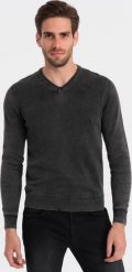 Ombre Washowany sweter męski z dekoltem w serek - czarny V1 OM-SWOS-0108 XL. Czarne swetry przez głowę męskie Ombre, m, bez wzorów, bez kołnierzyka. Za 139.99 zł.