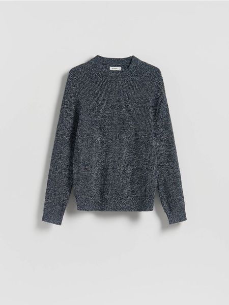 Strukturalny sweter - granatowy. Niebieskie swetry przez głowę męskie Reserved, l, bez wzorów, z bawełny, bez kołnierzyka. Za 139.99 zł.