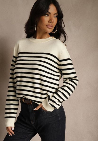 Czarno-Kremowy Sweter z Wiskozą w Paski Ozdobiony Guzikami Lilettia. Czarne swetry damskie Renee, bez wzorów, z jeansu, casualowe, bez kołnierzyka, bez ramiączek, bez kaptura. Za 109.99 zł.