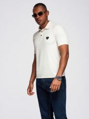 Męska stylowa koszulka polo z elastycznej tkaniny – kremowa V2 - Rozmiar: L. Białe koszulki polo męskie Ombre Clothing, l, bez wzorów, z elastanu, eleganckie, bez ramiączek. Za 129.99 zł.