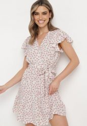 Beżowo-Fioletowa Sukienka w Kwiatki z Gumką w Pasie i Materiałowym Paskiem Ozdobiona Falbanką Monnesa. Brązowe sukienki damskie Born2be, l, bez wzorów, z bawełny, eleganckie, bez kołnierzyka, bez ramiączek, mini. Za 39.99 zł.