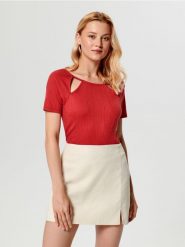 Bluzka - pomarańczowy. Brązowe bluzki damskie Sinsay, l, bez wzorów, ze skóry, bez kołnierzyka, bez ramiączek. W wyprzedaży za 17.99 zł.