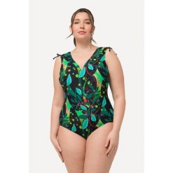 Damski Strój kąpielowy liście marszczone ramiona miękkie miseczki. Czarne kostiumy jednoczęściowe damskie Ulla Popken, plus size, bez wzorów, z elastanu, sportowe, plus size, do pływania. Za 244.99 zł.