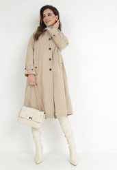 Beżowy Płaszcz Trencz Oversize na Guziki Kalei. Brązowe płaszcze damskie Born2be, m, bez wzorów, bez kaptura. Za 249.99 zł.