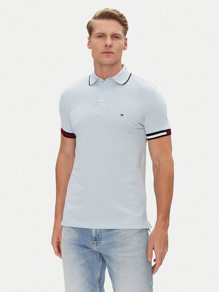 Tommy Hilfiger Polo Flag Cuff MW0MW38458 Błękitny Slim Fit. Niebieskie koszulki polo męskie Tommy Hilfiger, m, bez wzorów, z bawełny, bez ramiączek. Za 219.99 zł.