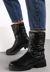 Czarne Botki z Pikowaną Cholewką Nevoyo. Czarne botki damskie Renee, z jeansu, eleganckie, bez obcasa, na płaskiej podeszwie, bez zapięcia. Za 159.99 zł.