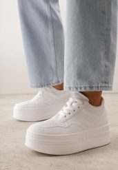 Białe Sneakersy VICES na Grubej Podeszwie z Tłoczonym Napisem i Perforacją Cezite. Białe obuwie sportowe damskie Born2be, bez wzorów, z jeansu. Za 129.99 zł.