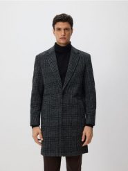Długi płaszcz w kratę - ciemnoszary. Szare płaszcze męskie Reserved, l, bez wzorów, z dzianiny, długie, bez kaptura. Za 299.99 zł.