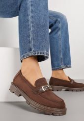 Brązowe Mokasyny z Metaliczną Klamrą Glitterfly. Brązowe mokasyny damskie Renee, z jeansu, eleganckie. Za 99.99 zł.