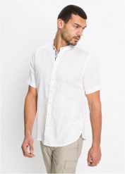 Koszula lniana z krótkim rękawem. Czarne koszule męskie bonprix, na lato, l, bez wzorów, eleganckie, bez kołnierzyka, bez ramiączek. Za 109.99 zł.