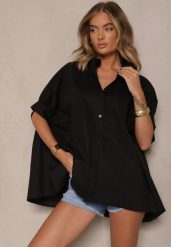 Czarna Koszula z Bawełny Oversize Zienessa. Czarne bluzki damskie Renee, bez wzorów, z bawełny, eleganckie, bez kołnierzyka, bez ramiączek. Za 79.99 zł.