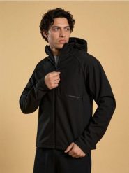 Wodoodporna kurtka softshell z kapturem - czarny. Czarne kurtki męskie Sinsay, l, bez wzorów, z softshellu, z kapturem. Za 99.99 zł.