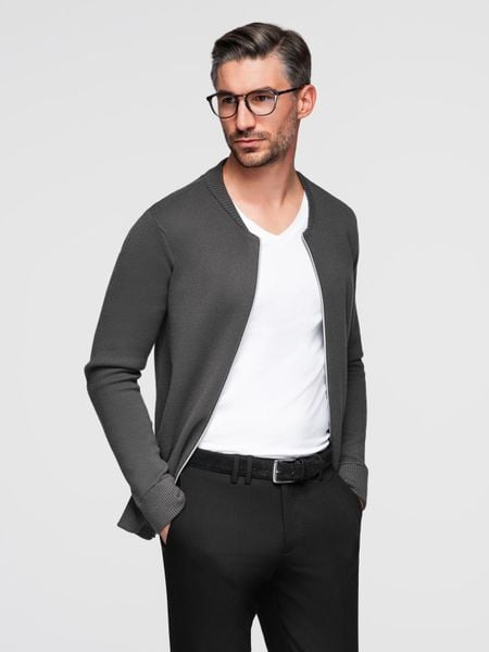 Męski sweter gładki na zamek – grafitowy V2 - Rozmiar: L. Szare swetry przez głowę męskie Ombre Clothing, l, bez wzorów, z dzianiny, bez kołnierzyka. W wyprzedaży za 167.99 zł.