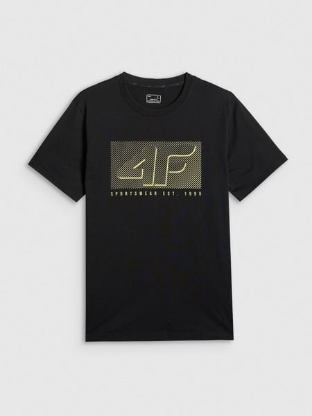 4F T-shirt regular z nadrukiem męski - czarny M. Czarne t-shirty męskie 4f, m, bez wzorów, z dresówki, klasyczne, bez kołnierzyka. Za 69.99 zł.