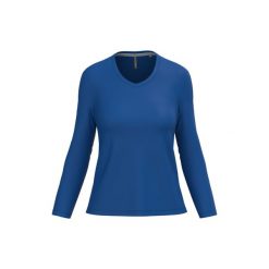 Damska koszulka z długim rękawem i dekoltem w serek Kariban. Niebieskie t-shirty damskie KARIBAN, bez wzorów, bez kołnierzyka. Za 118.50 zł.