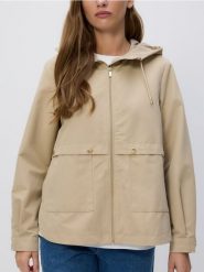 Kurtka parka z kapturem - beżowy. Brązowe parki damskie Reserved, l, bez wzorów, z tkaniny, z kapturem. W wyprzedaży za 119.99 zł.