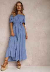 Niebieska Sukienka Amiphiphae. Niebieskie sukienki damskie Renee, l, bez wzorów, z materiału, bez kołnierzyka, bez ramiączek, maxi, rozkloszowane. Za 54.99 zł.