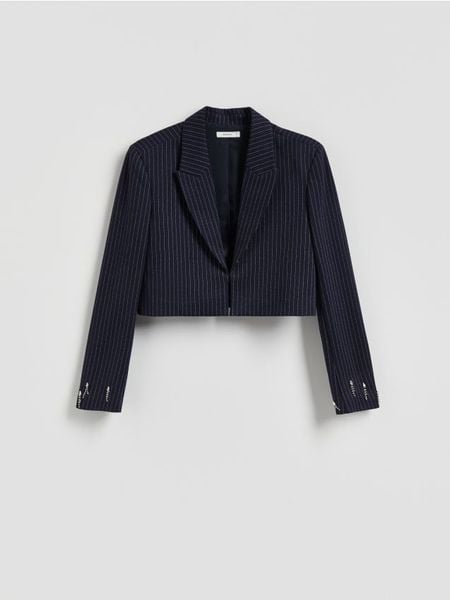 Krótka marynarka z aplikacjami - granatowy. Niebieskie żakiety damskie Reserved, l, z aplikacjami, z tkaniny. Za 159.99 zł.