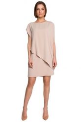 Krótka Dwuwarstwowa Sukienka - Beżowa. Brązowe sukienki damskie MOE, l, bez wzorów, z elastanu, wizytowe, bez kołnierzyka, bez ramiączek, mini. Za 324.90 zł.