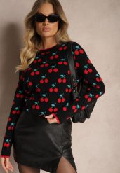 Czarny Casualowy Sweter z Wiskozą Ozdobiony Printem w Wisienki Avattria. Czarne swetry damskie Renee, bez wzorów, z jeansu, casualowe, bez kołnierzyka, bez ramiączek, długie, bez kaptura. Za 119.99 zł.