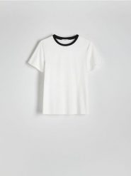 T-shirt regular z kontrastową lamówką - biały. Białe t-shirty damskie Reserved, l, bez wzorów, z bawełny, bez kołnierzyka. W wyprzedaży za 45.99 zł.