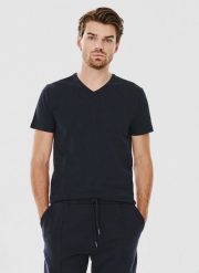 PAKO LORENTE – Granatowy gładki t-shirt v-neck. Niebieskie t-shirty męskie Pako Lorente, s, bez wzorów, z bawełny, bez kołnierzyka. Za 69.99 zł.
