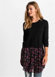 Sweter z wstawką w optyce spódnicy. Czarne sukienki damskie bonprix, bez wzorów, z materiału, bez kołnierzyka, bez ramiączek, długie, bez kaptura. Za 119.99 zł.