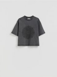 Bawełniany t-shirt z nadrukiem - ciemnoszary. Szare t-shirty damskie Reserved, l, bez wzorów, z bawełny, bez kołnierzyka. Za 59.99 zł.