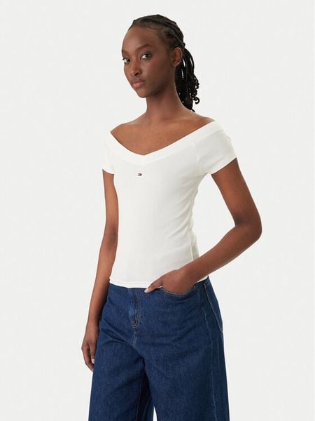 Tommy Jeans Bluzka DW0DW22265 Biały Slim Fit. Białe bluzki damskie Tommy Jeans, xl, bez wzorów, z bawełny, bez kołnierzyka, bez ramiączek. Za 169.99 zł.