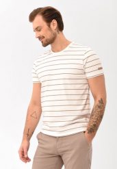 T-shirt w paski T-ALLY. Białe t-shirty męskie Volcano, m, z aplikacjami, z bawełny, klasyczne, bez kołnierzyka. Za 79.99 zł.