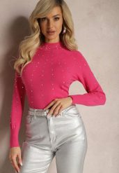 Różowy Sweter Golf z Cyrkoniami z Przodu Jacque. Czerwone swetry damskie Renee, m, bez wzorów, bez kołnierzyka, bez ramiączek, bez kaptura. Za 99.99 zł.