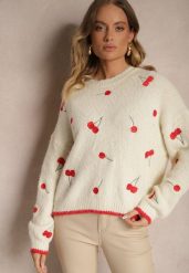 Jasnobeżowy Sweter w Wisienki z Dodatkiem Wełny Eltintia. Brązowe swetry damskie Renee, m, bez wzorów, z wełny, casualowe, bez kołnierzyka, bez ramiączek, długie, bez kaptura. Za 149.99 zł.