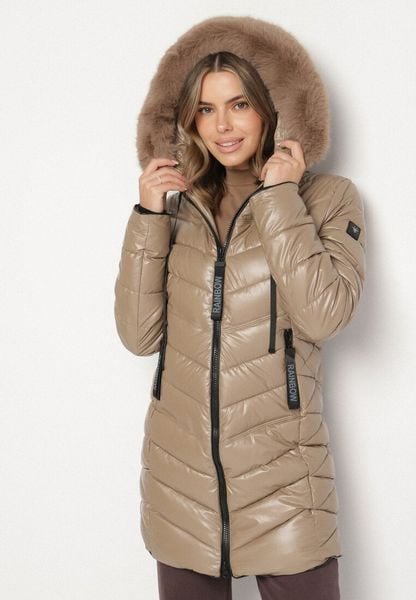 Brązowa Pikowana Kurtka o Taliowanym Kroju z Kapturem z Futerkiem Naleanna. Brązowe kurtki damskie Born2be, l, bez wzorów, z dzianiny, z kapturem. Za 219.99 zł.