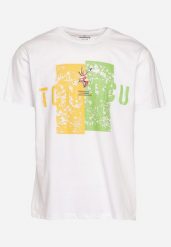 Biała Bawełniana Koszulka T-Shirt z Krótkim Rękawem i Ozdobnym Nadrukiem Branessa. Białe t-shirty męskie Born2be, m, z aplikacjami, z bawełny, bez kołnierzyka. Za 39.99 zł.