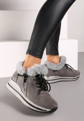 Szare Sneakersy na Płaskiej Podeszwie z Napisem i Futerkiem Taricea. Szare obuwie sportowe damskie Renee, bez wzorów, z jeansu. Za 89.99 zł.