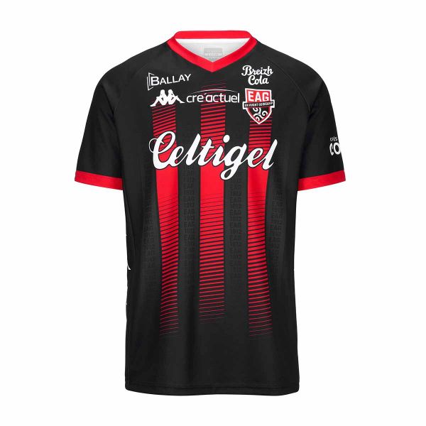 Trzeci zestaw EA Guingamp Guillo 2024/25. Czarne koszulki sportowe męskie Kappa, bez wzorów, bez kołnierzyka, bez ramiączek, do piłki nożnej. Za 361.70 zł.