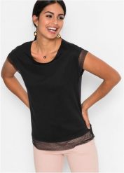 Bawełniany T-shirt o kroju pudełkowym. Czarne bluzki damskie bonprix, bez wzorów, z bawełny, bez kołnierzyka, bez ramiączek. Za 59.99 zł.