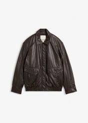 Kurtka bomberka oversize ze skóry jagnięcej nappa. Czarne kurtki damskie bonprix, bez wzorów, ze skóry, bez kaptura. Za 649.99 zł.
