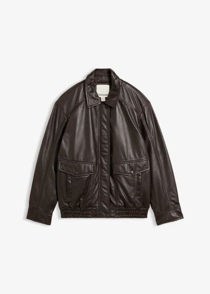 Kurtka bomberka oversize ze skóry jagnięcej nappa. Czarne kurtki damskie bonprix, bez wzorów, ze skóry, bez kaptura. Za 689.99 zł.