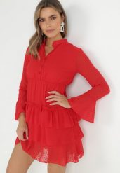 Czerwona Sukienka Whitewhirl. Czerwone sukienki damskie Born2be, bez wzorów, z tkaniny, eleganckie, bez kołnierzyka, bez ramiączek, mini, rozkloszowane. Za 119.99 zł.