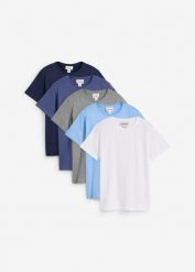 T-shirt (5 szt.) z czystej bawełny. Niebieskie koszule dla chłopców bonprix, bez wzorów, z bawełny, bez kołnierzyka, bez ramiączek. Za 119.99 zł.