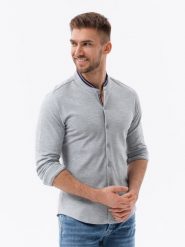 Bawełniana męska koszula SLIM FIT ze stójką w kolorowe paski – szara V5 - Rozmiar: XL. Czarne koszule męskie Ombre Clothing, m, bez wzorów, z bawełny, casualowe, bez kołnierzyka, bez ramiączek. W wyprzedaży za 109.99 zł.