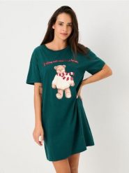 Bawełniana koszula nocna z nadrukiem - zielony. Zielone koszule nocne damskie Sinsay, l, bez wzorów, z bawełny. Za 29.99 zł.