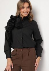 Czarna Koszula z Wiskozą z Ozdobną Aplikacją przy Dekolcie Ridivienne. Czarne bluzki damskie Born2be, uniwersalny, z aplikacjami, z jeansu, eleganckie, bez kołnierzyka, bez ramiączek. Za 54.99 zł.