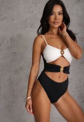 Biało-Czarny Jednoczęściowy Strój Kąpielowy Na Cienkich Ramiączkach ze Złotymi Ozdobami i Wycięciami Nonanoe. Białe kostiumy jednoczęściowe damskie Renee, l, bez wzorów, z jeansu, eleganckie, plus size. Za 109.99 zł.