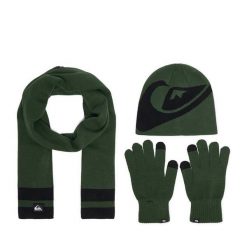 Zestaw czapka, szalik i rękawiczki Quiksilver. Zielone rękawiczki męskie Quiksilver, bez wzorów. Za 139.99 zł.